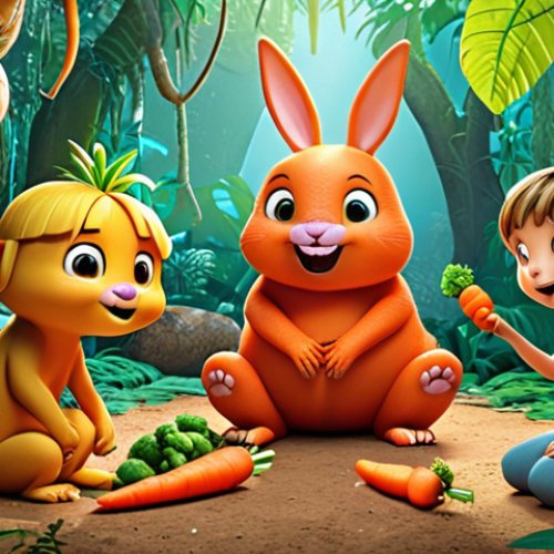 Home 4 **Kokomong and Friends Solving a Problem:** Kokomong, Carrot, Iggy, and the new friends (Chumpy, Bella, and Tommy) working together on a colorful, whimsical jungle scene. Emphasis on teamwork and problem-solving. Bright, inviting illustration style.