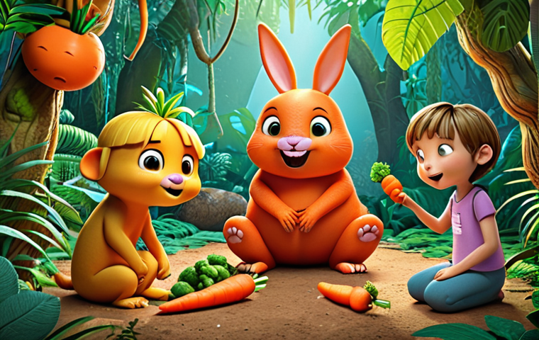 **Kokomong and Friends Solving a Problem:** Kokomong, Carrot, Iggy, and the new friends (Chumpy, Bella, and Tommy) working together on a colorful, whimsical jungle scene. Emphasis on teamwork and problem-solving. Bright, inviting illustration style.